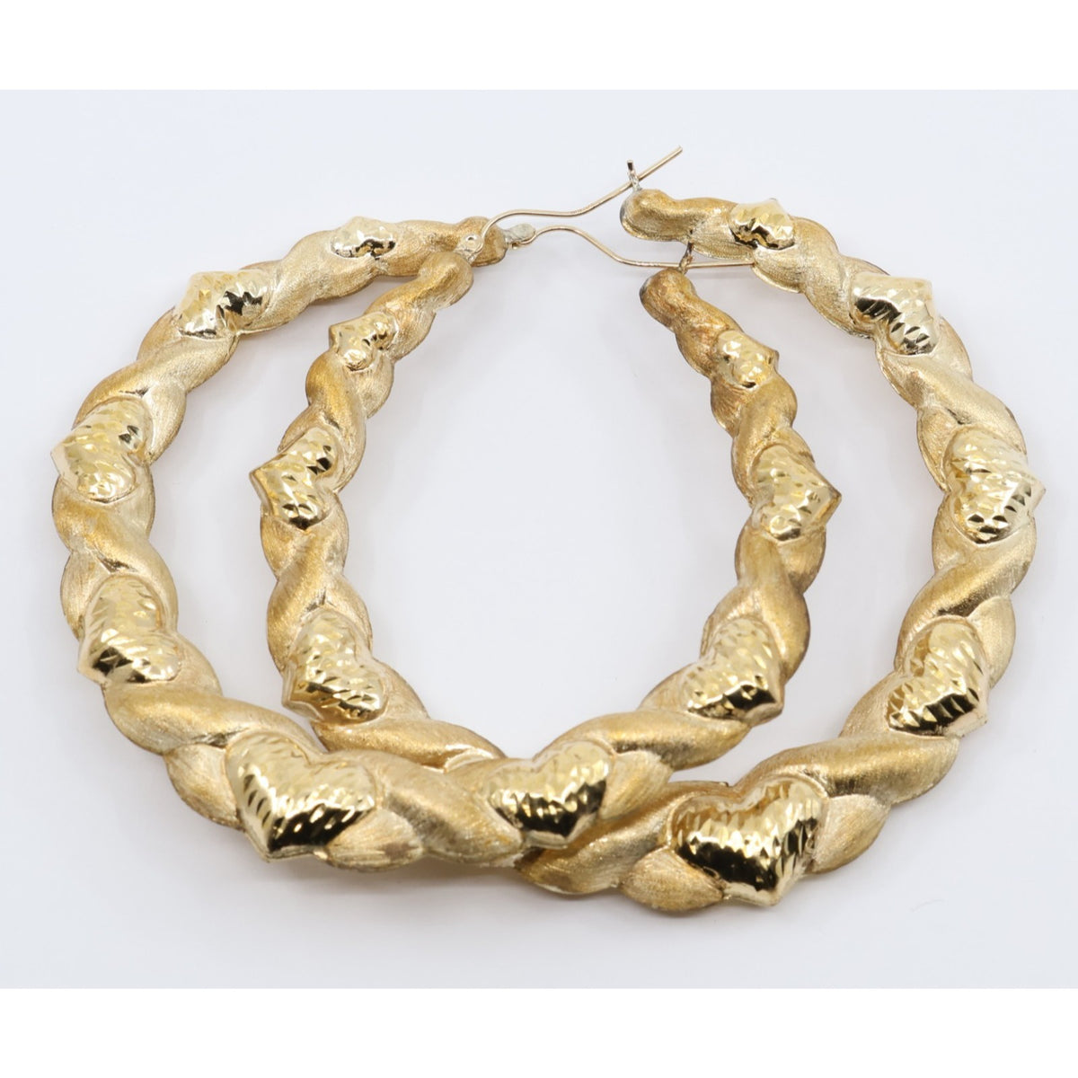 Large 10K Yellow Gold Braided Twist Diamond Cut Heart Hoop Earrings