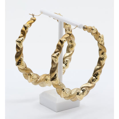 Large 10K Yellow Gold Braided Twist Diamond Cut Heart Hoop Earrings