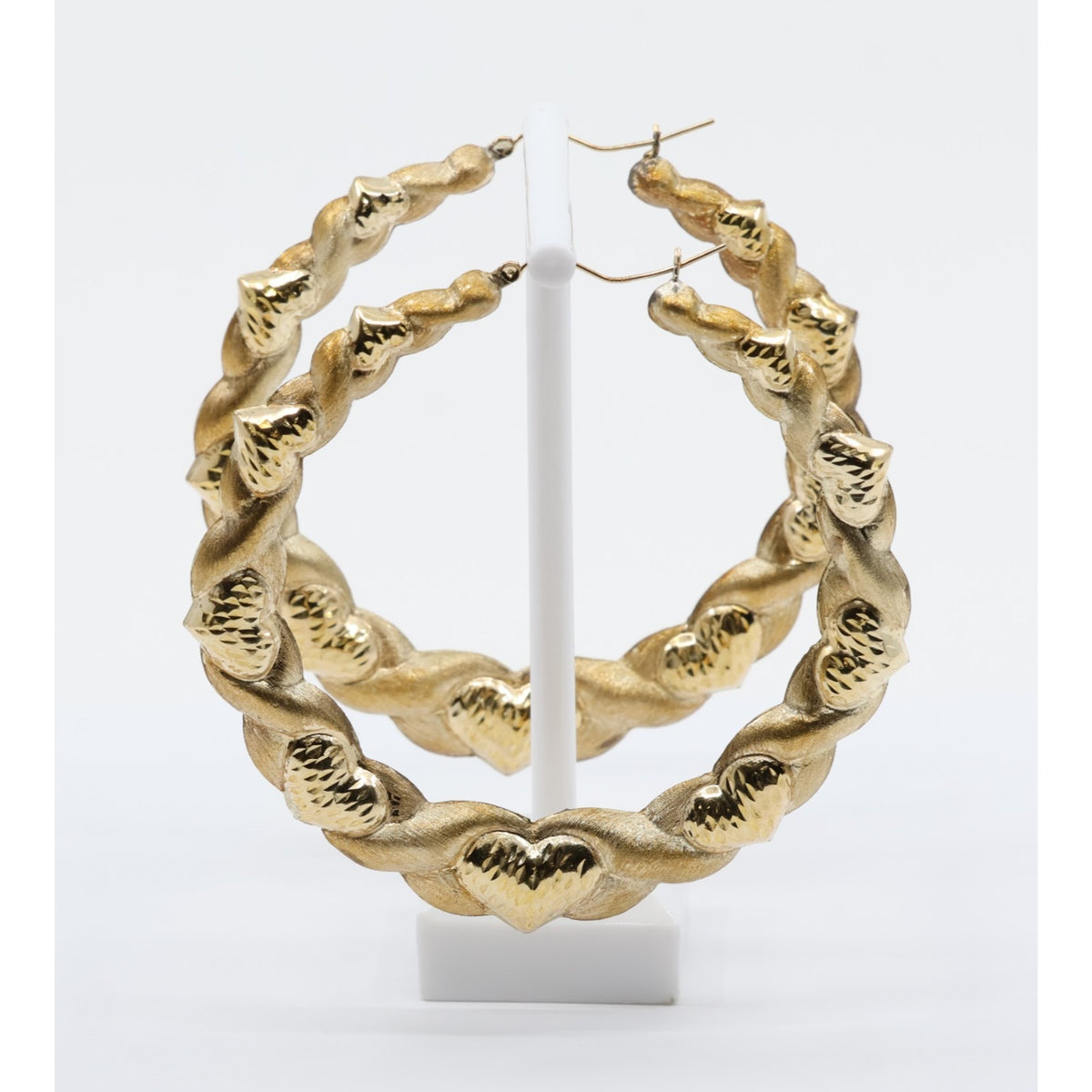 Large 10K Yellow Gold Braided Twist Diamond Cut Heart Hoop Earrings