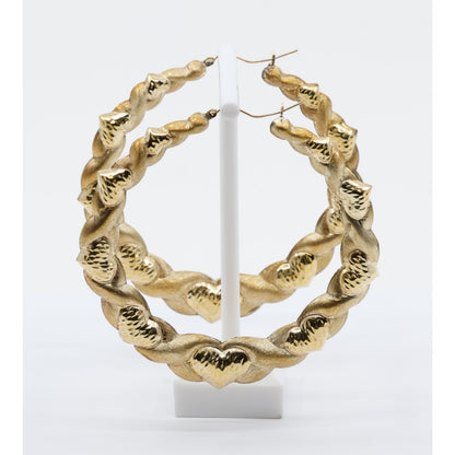 Large 10K Yellow Gold Braided Twist Diamond Cut Heart Hoop Earrings
