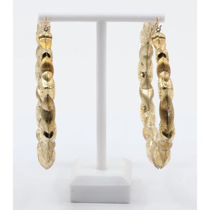 Large 10K Yellow Gold Braided Twist Diamond Cut Heart Hoop Earrings