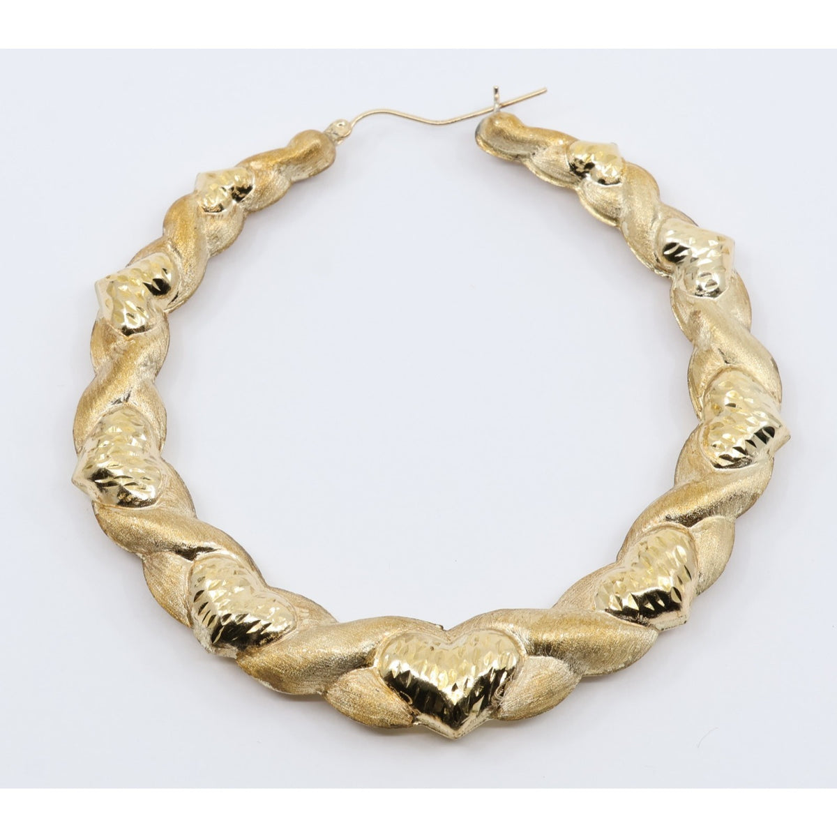 Large 10K Yellow Gold Braided Twist Diamond Cut Heart Hoop Earrings