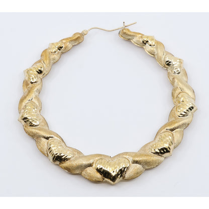 Large 10K Yellow Gold Braided Twist Diamond Cut Heart Hoop Earrings