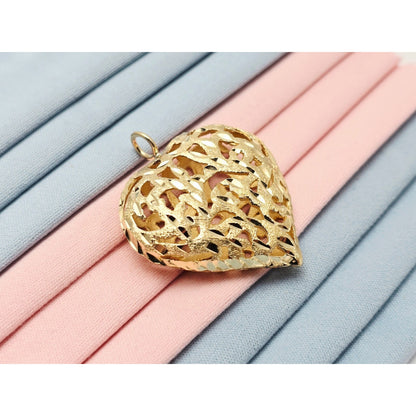 14K Yellow Gold Diamond Cut Puffy Heart Charm Pendant