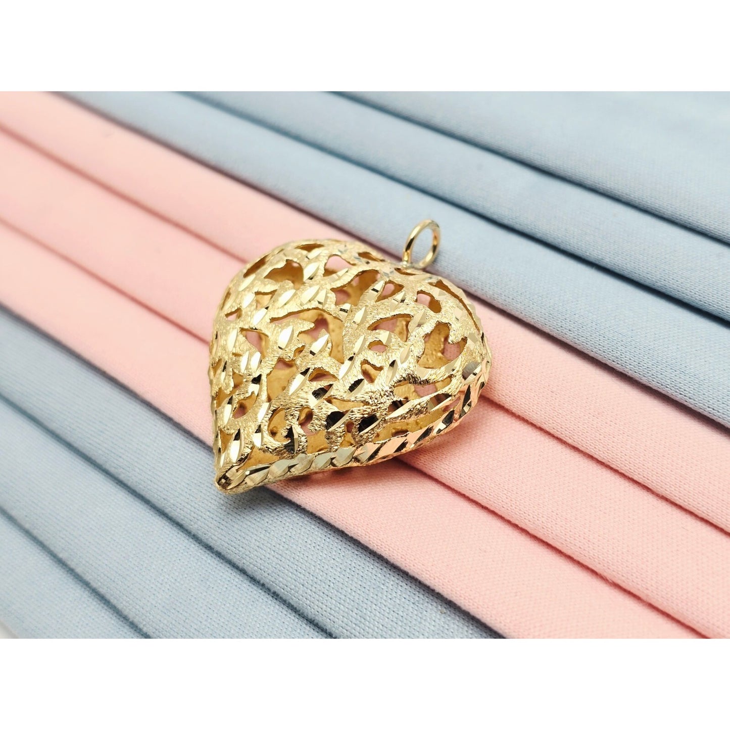 14K Yellow Gold Diamond Cut Puffy Heart Charm Pendant