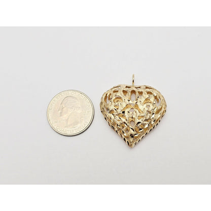 14K Yellow Gold Diamond Cut Puffy Heart Charm Pendant