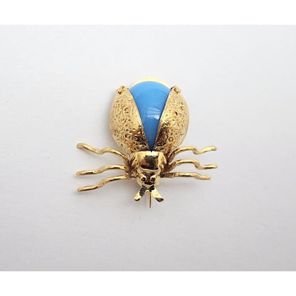 Vintage 18K Yellow Gold Scarab Beetle Synthetic Turquoise Brooch Pin