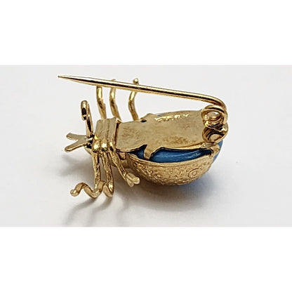 Vintage 18K Yellow Gold Scarab Beetle Synthetic Turquoise Brooch Pin