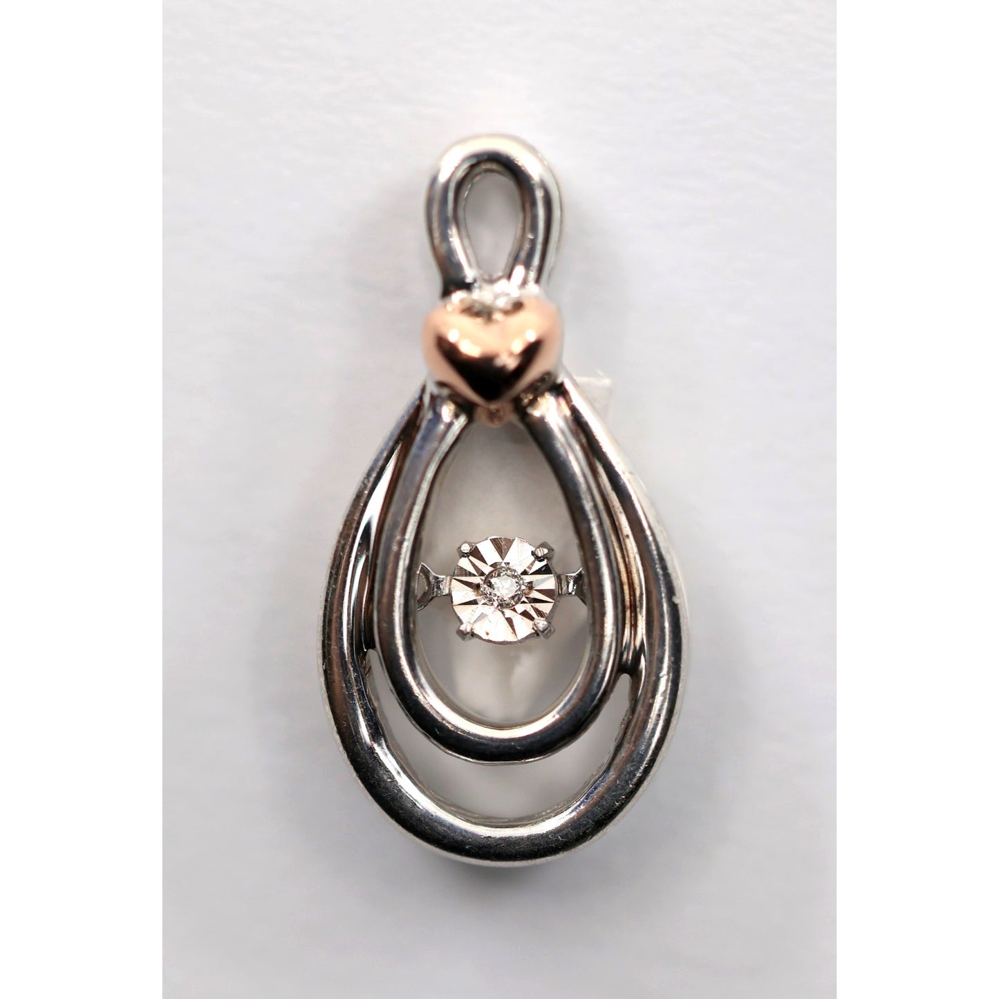 Sterling Silver & 10K Rose Gold Two Tone Drop Dangle Diamond Heart Charm Pendant