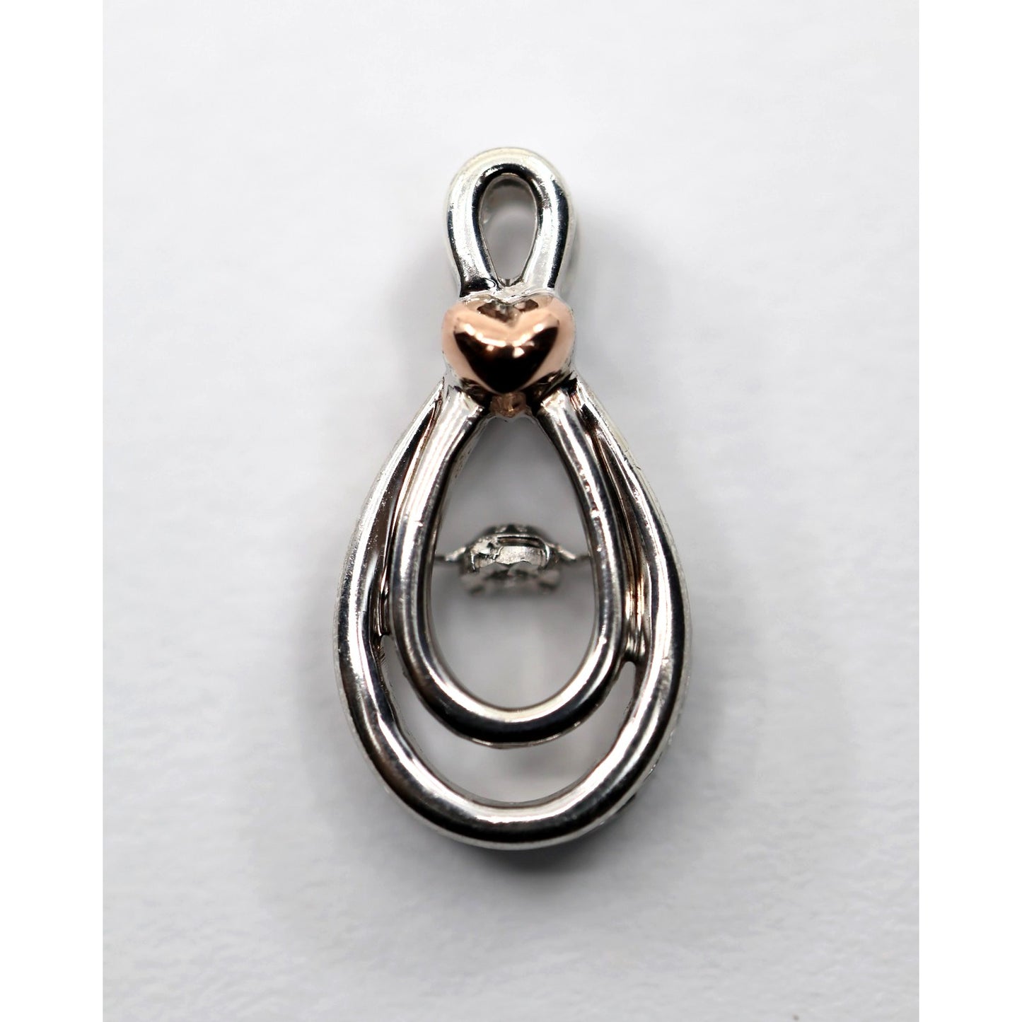Sterling Silver & 10K Rose Gold Two Tone Drop Dangle Diamond Heart Charm Pendant