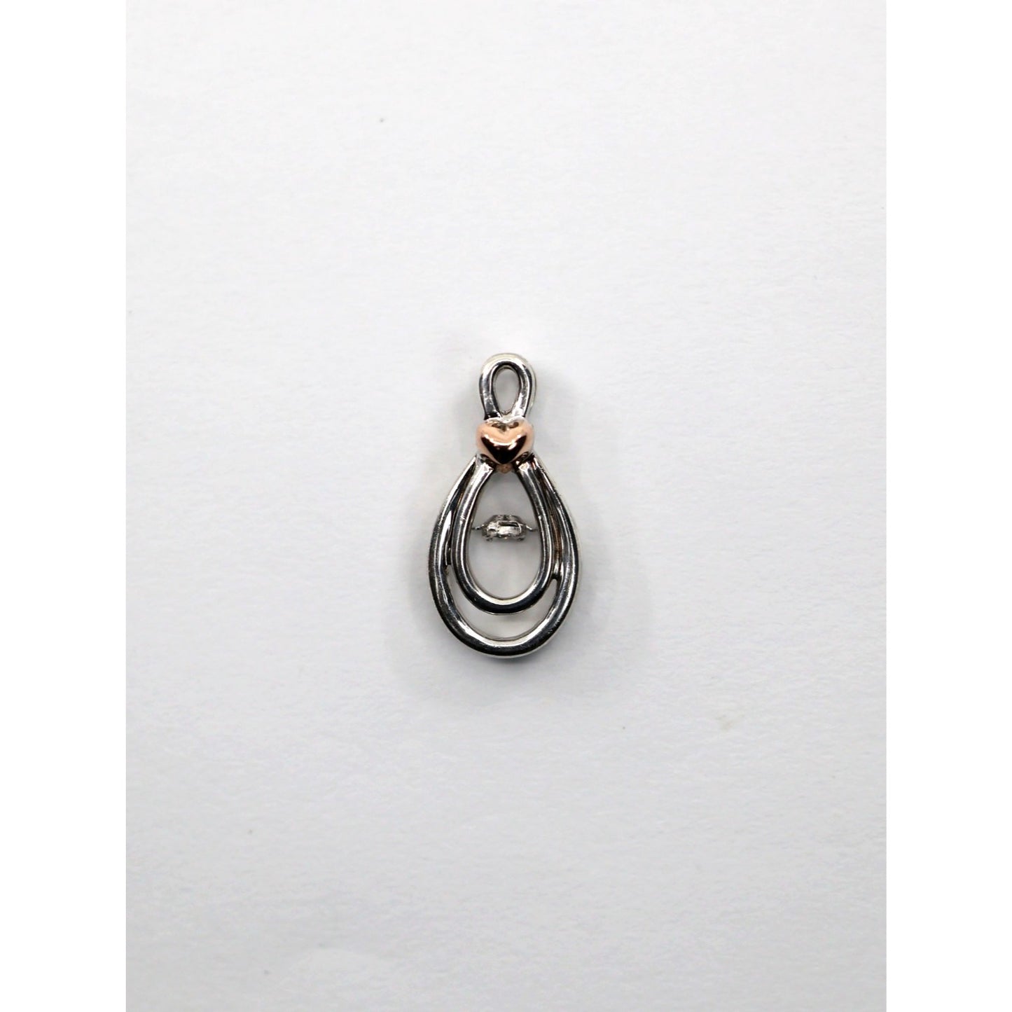 Sterling Silver & 10K Rose Gold Two Tone Drop Dangle Diamond Heart Charm Pendant