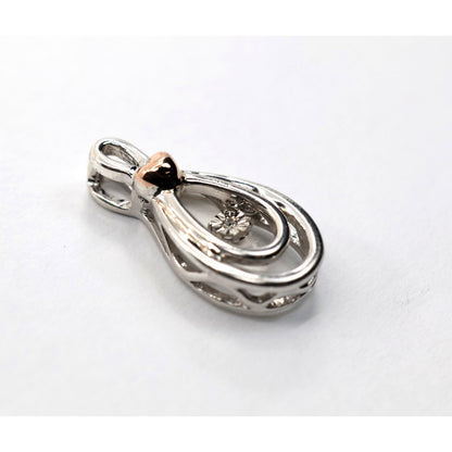 Sterling Silver & 10K Rose Gold Two Tone Drop Dangle Diamond Heart Charm Pendant