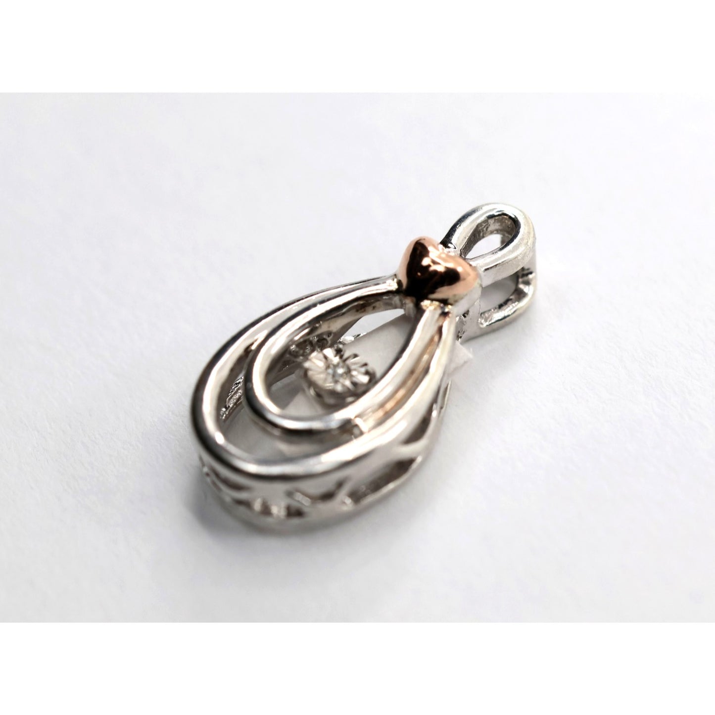 Sterling Silver & 10K Rose Gold Two Tone Drop Dangle Diamond Heart Charm Pendant