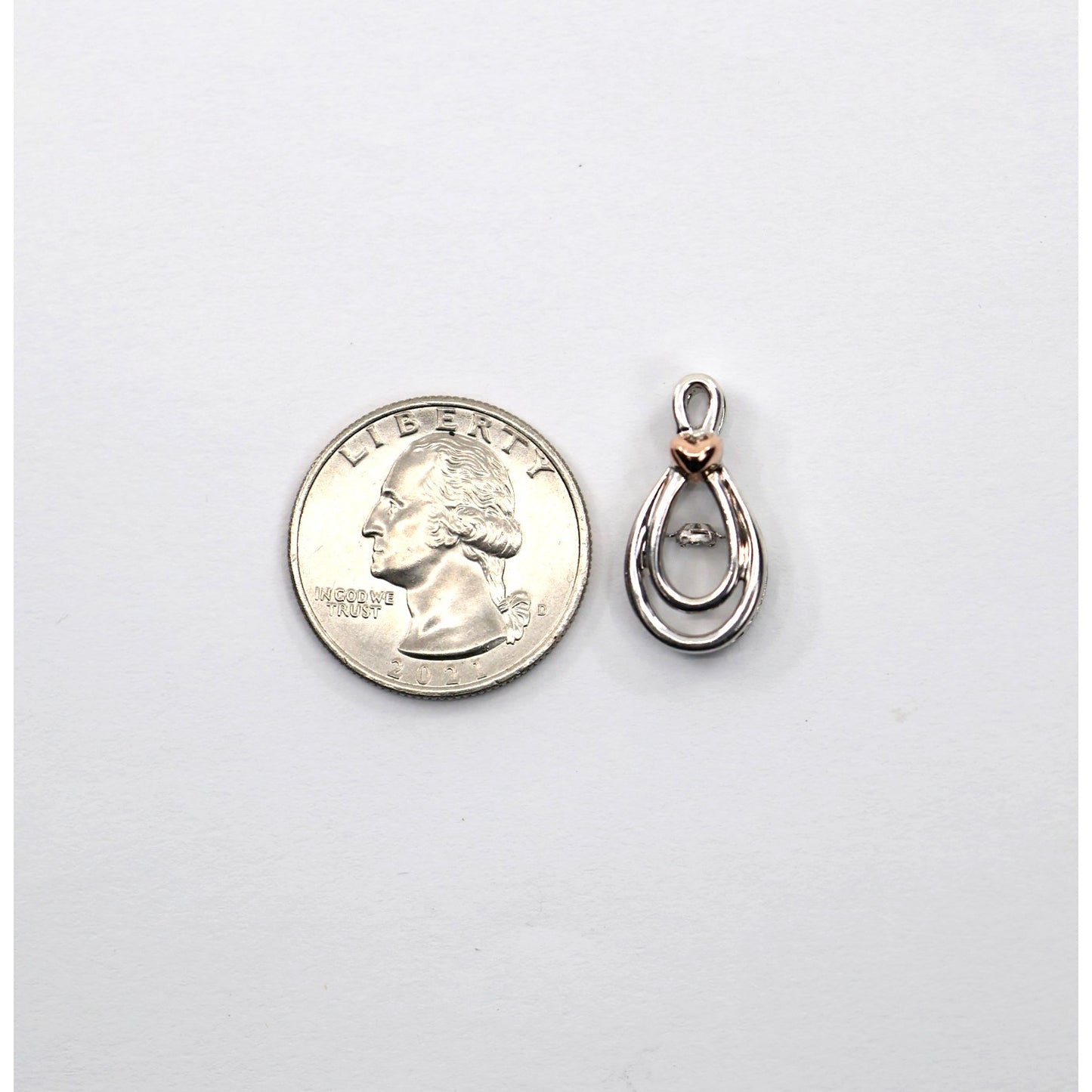 Sterling Silver & 10K Rose Gold Two Tone Drop Dangle Diamond Heart Charm Pendant