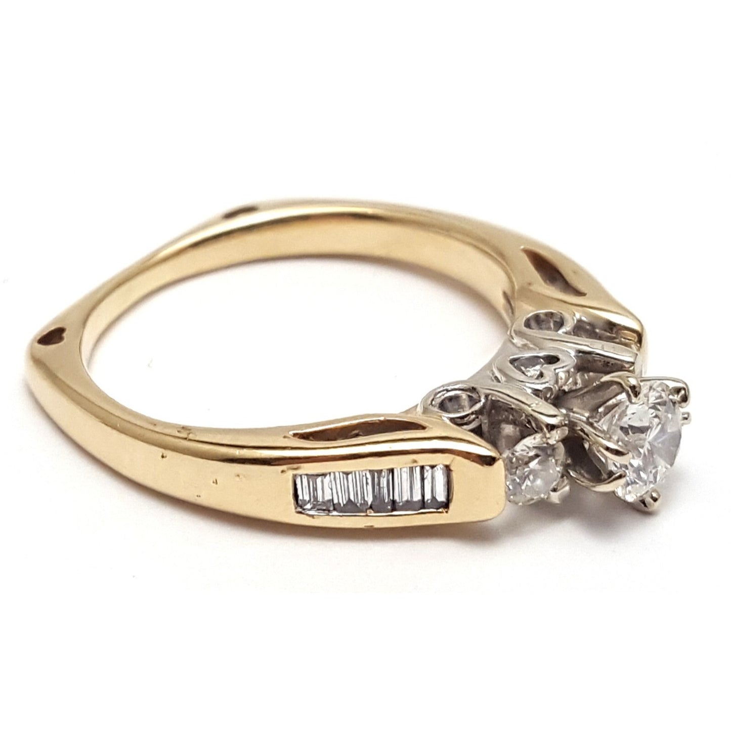 14K Two Tone Multi Color Gold Designer Round & Baguette Diamond Engagement Ring