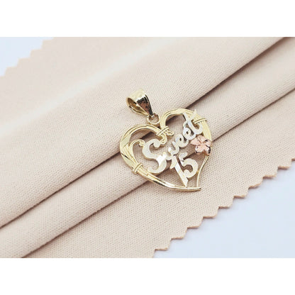 14K Tri Color Gold Sweet 15 Quinceanera Heart Charm Pendant