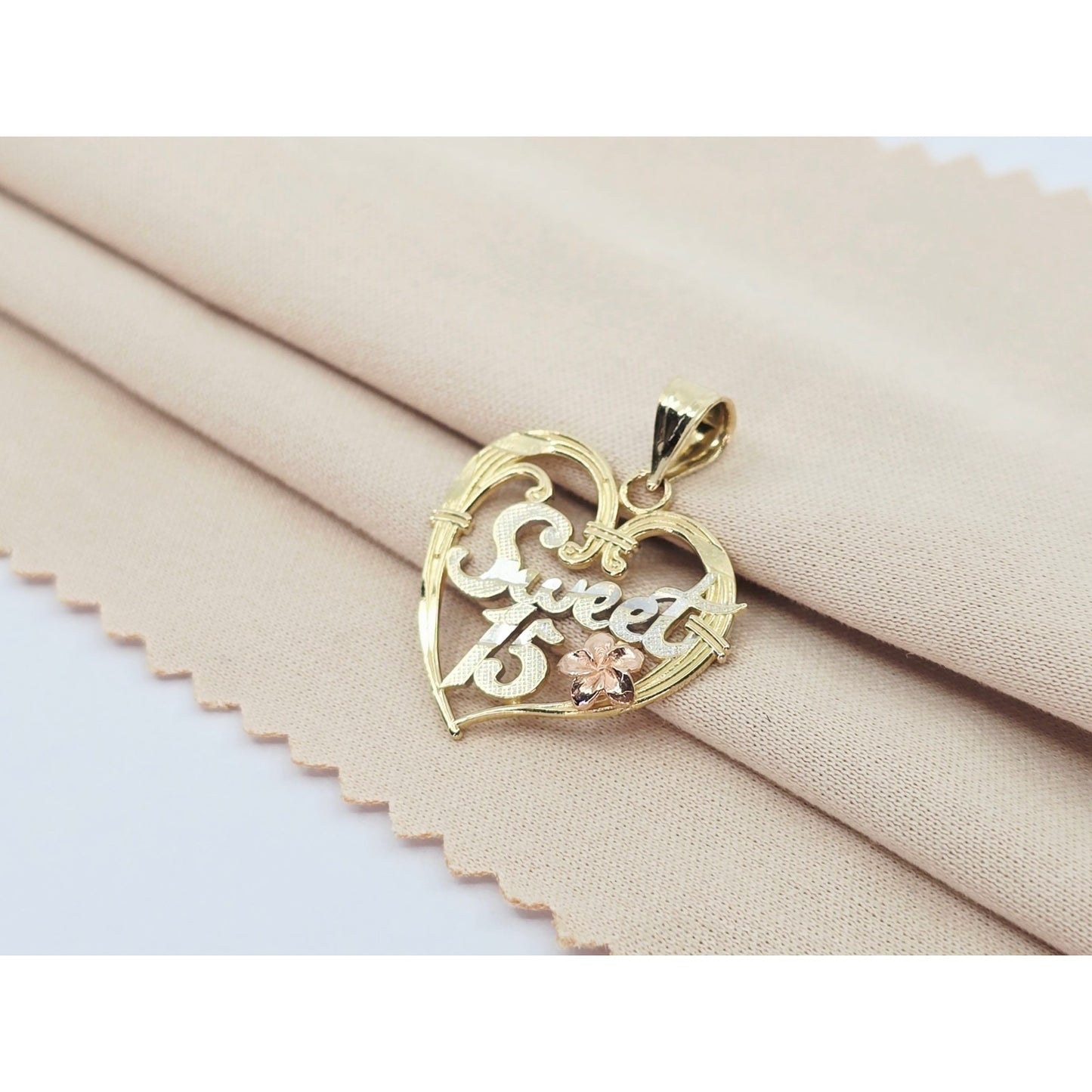 14K Tri Color Gold Sweet 15 Quinceanera Heart Charm Pendant