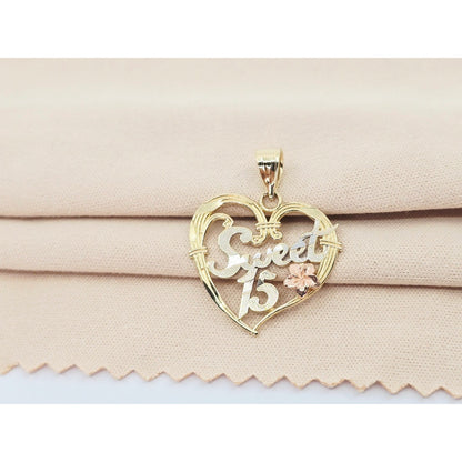 14K Tri Color Gold Sweet 15 Quinceanera Heart Charm Pendant