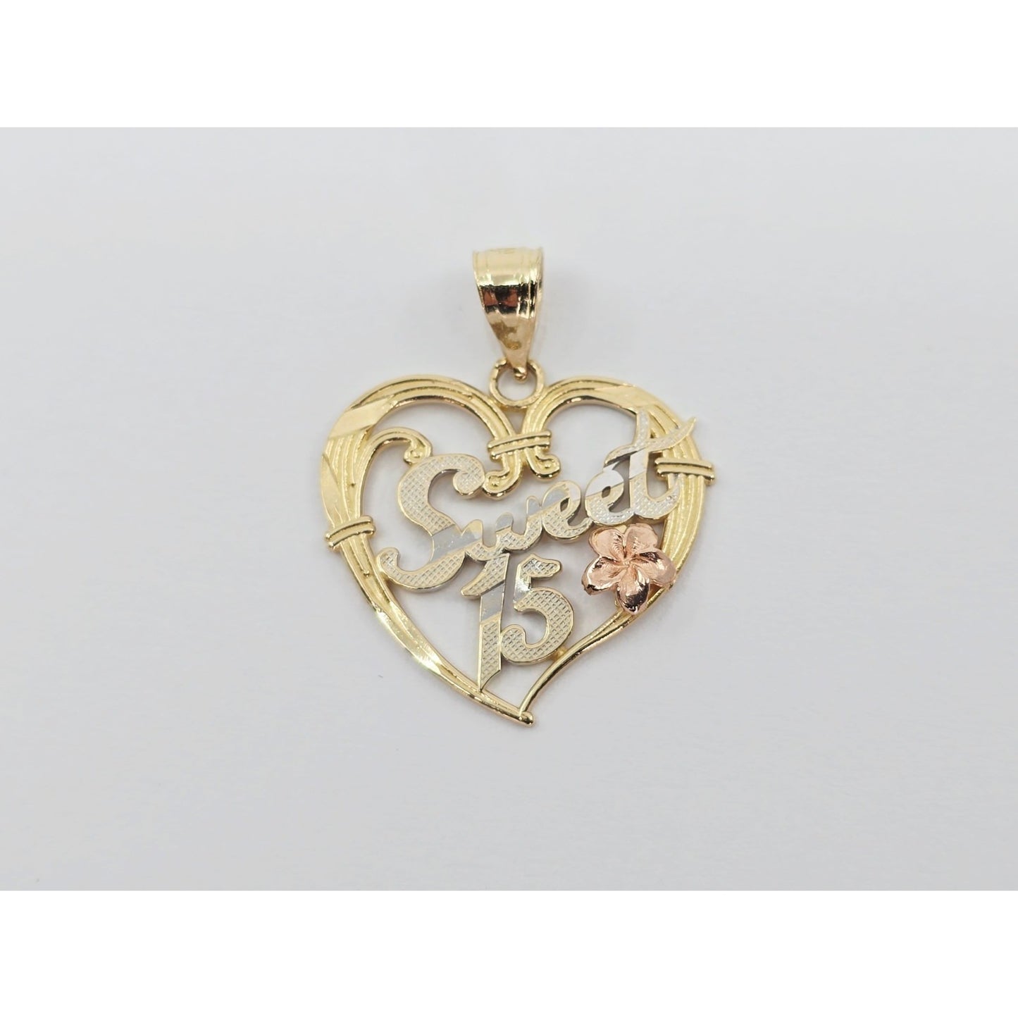 14K Tri Color Gold Sweet 15 Quinceanera Heart Charm Pendant