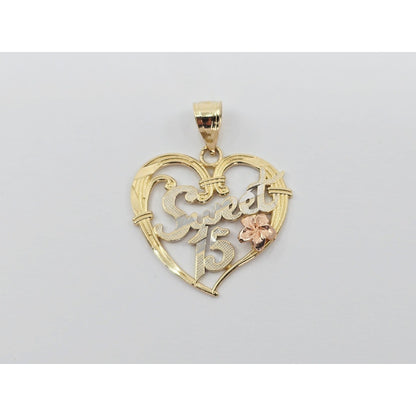 14K Tri Color Gold Sweet 15 Quinceanera Heart Charm Pendant