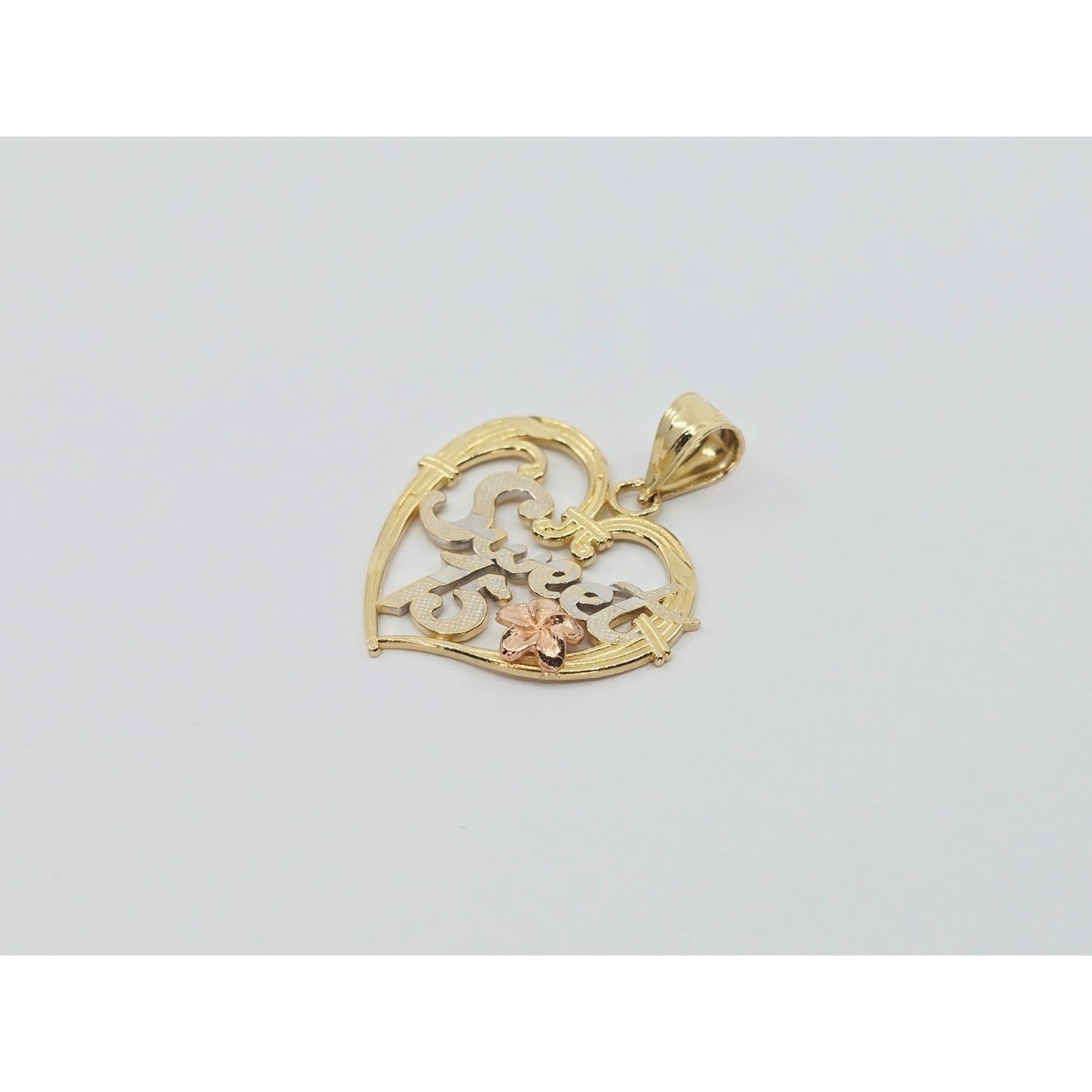 14K Tri Color Gold Sweet 15 Quinceanera Heart Charm Pendant