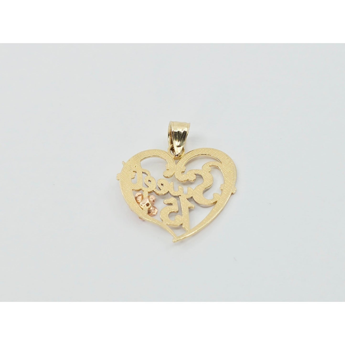 14K Tri Color Gold Sweet 15 Quinceanera Heart Charm Pendant