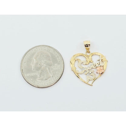 14K Tri Color Gold Sweet 15 Quinceanera Heart Charm Pendant