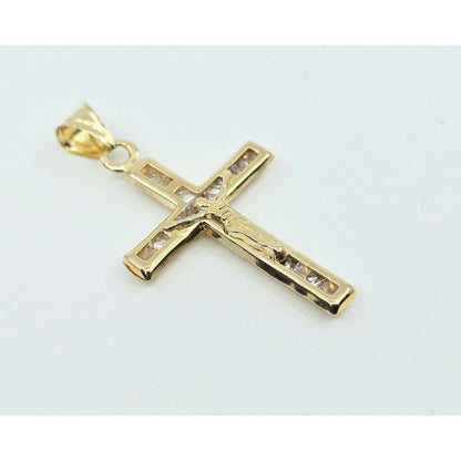 14K Yellow Gold Religious Jesus on Cross CZ Charm Pendant