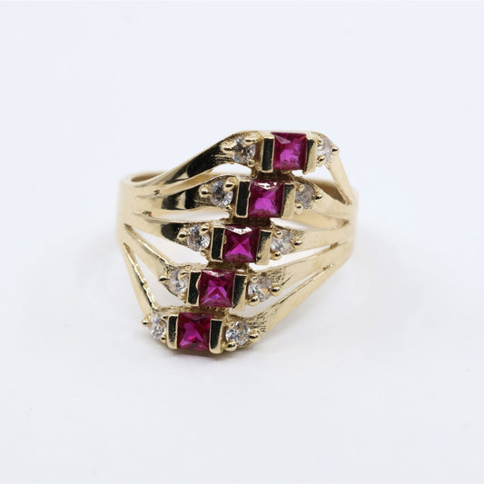 14K Yellow Gold 5 Row Semanario Synthetic Ruby & CZ Ring