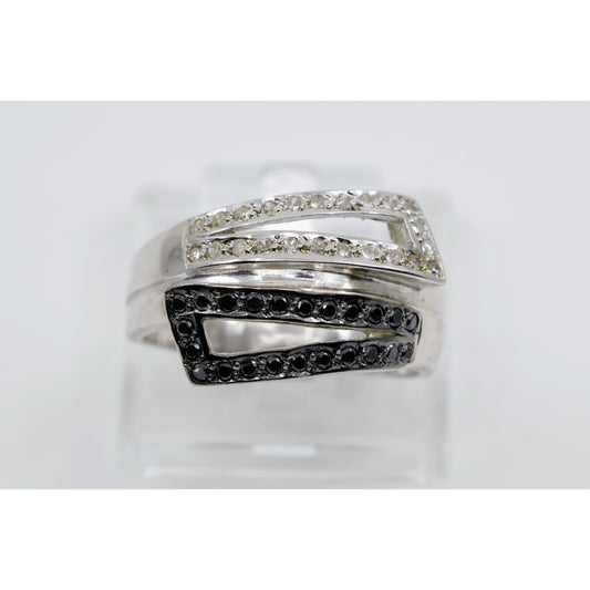 14K White Gold Black & White Diamond Bypass Statement Ring