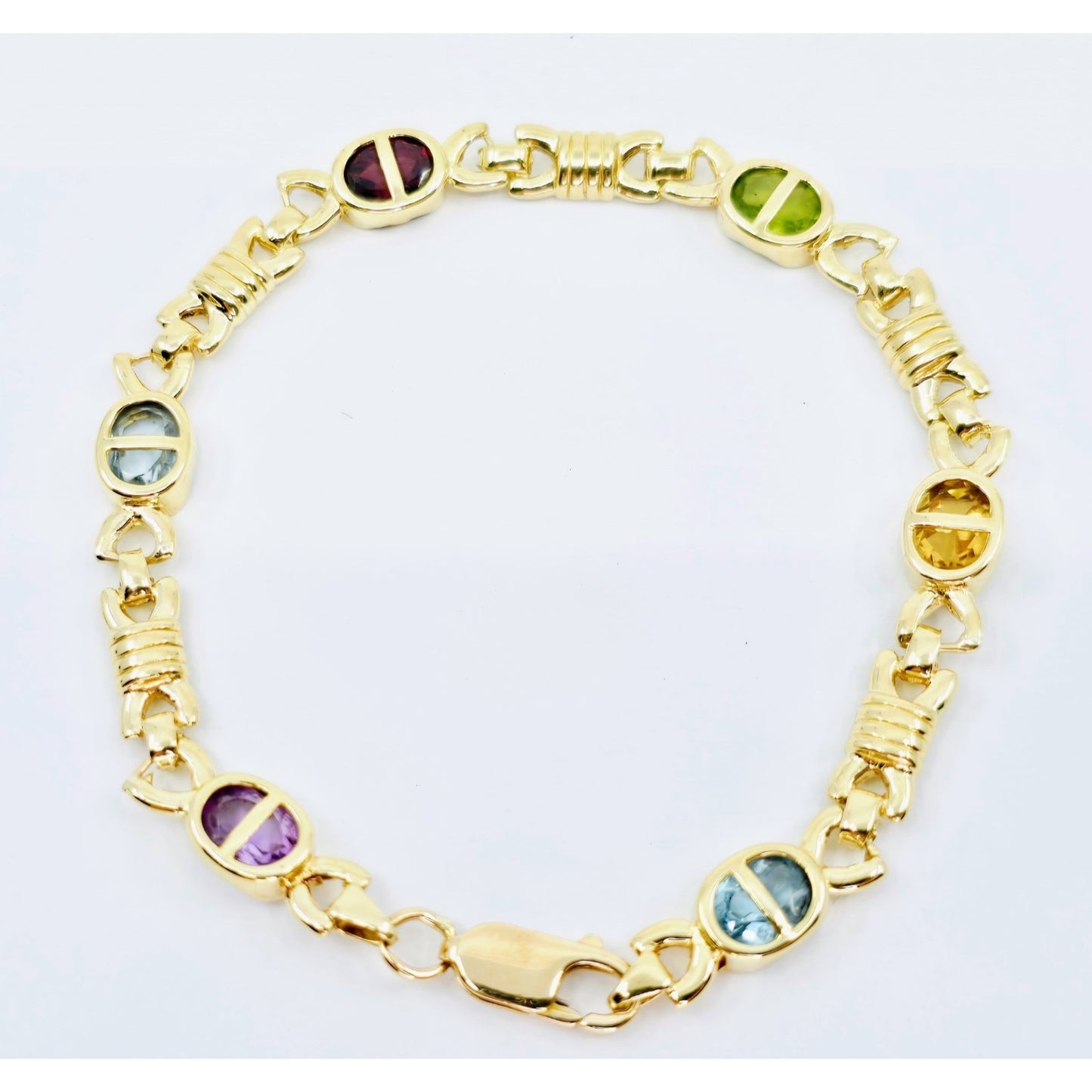 Vintage 14K Yellow Gold Topaz, Garnet, Peridot & Amethyst Tennis Link Bracelet