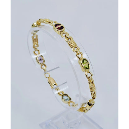 Vintage 14K Yellow Gold Topaz, Garnet, Peridot & Amethyst Tennis Link Bracelet