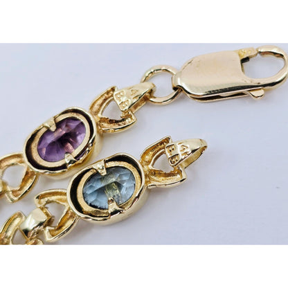 Vintage 14K Yellow Gold Topaz, Garnet, Peridot & Amethyst Tennis Link Bracelet