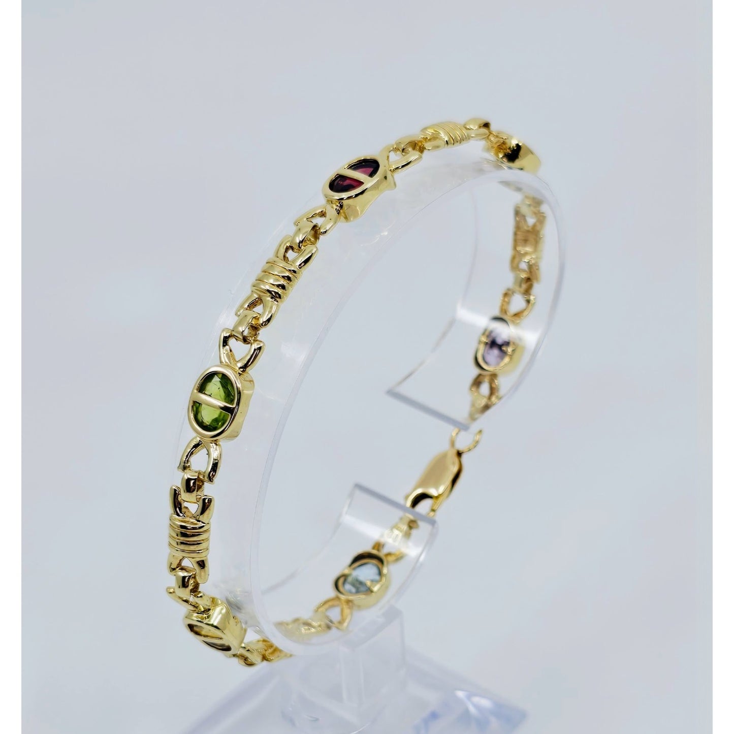 Vintage 14K Yellow Gold Topaz, Garnet, Peridot & Amethyst Tennis Link Bracelet