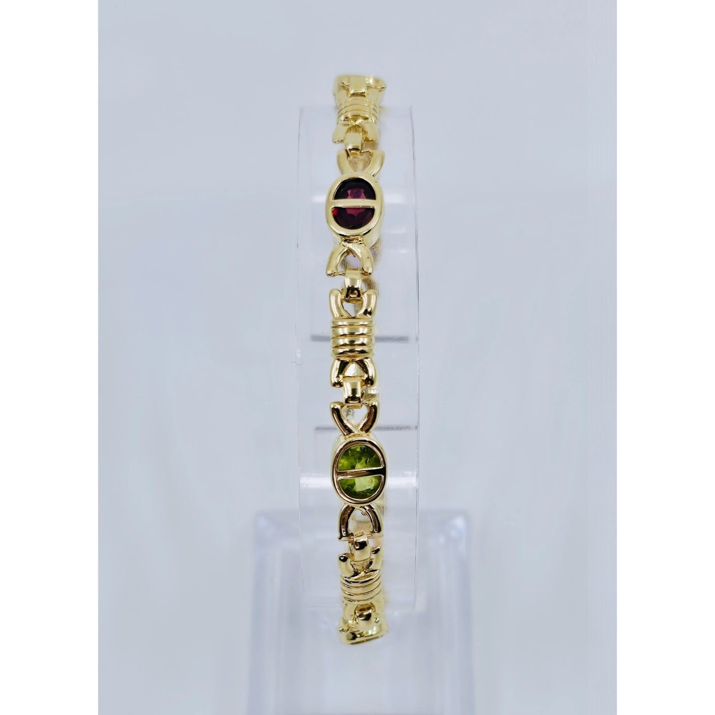 Vintage 14K Yellow Gold Topaz, Garnet, Peridot & Amethyst Tennis Link Bracelet