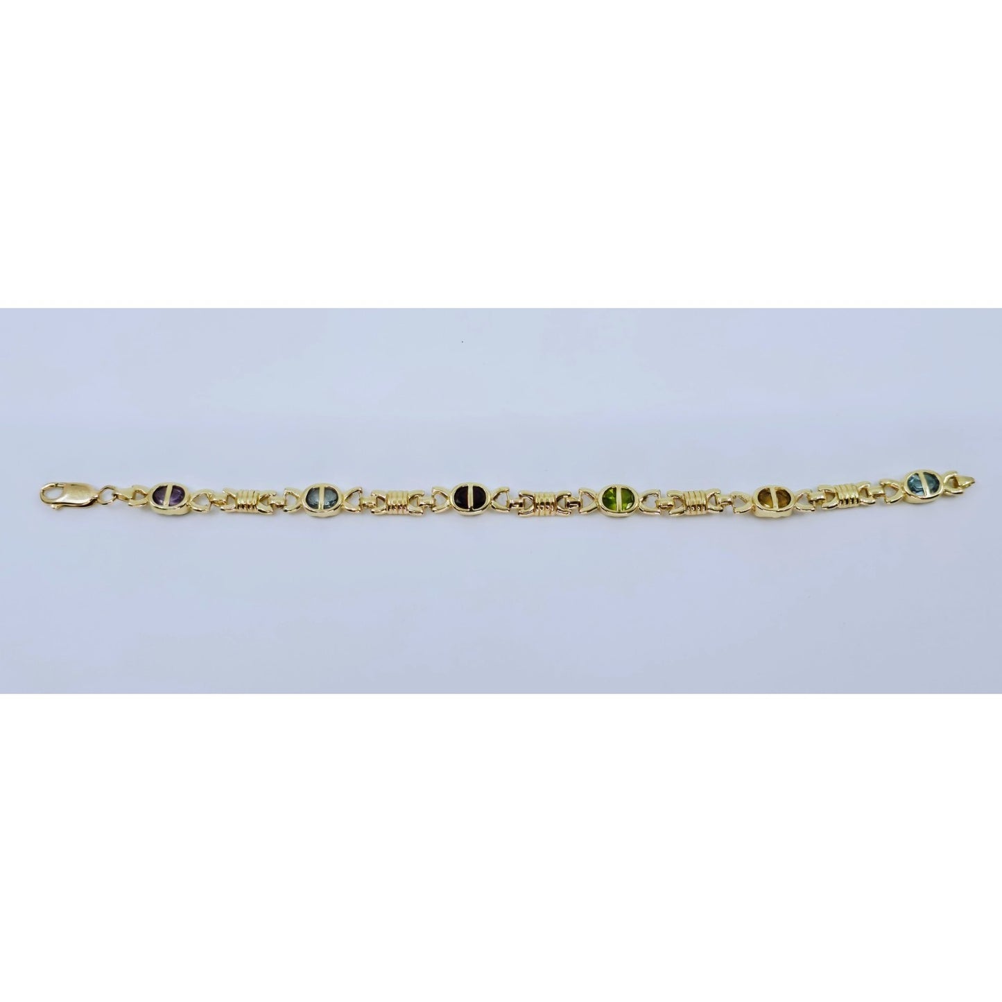 Vintage 14K Yellow Gold Topaz, Garnet, Peridot & Amethyst Tennis Link Bracelet