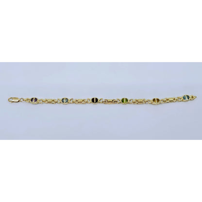 Vintage 14K Yellow Gold Topaz, Garnet, Peridot & Amethyst Tennis Link Bracelet