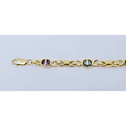 Vintage 14K Yellow Gold Topaz, Garnet, Peridot & Amethyst Tennis Link Bracelet