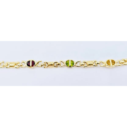 Vintage 14K Yellow Gold Topaz, Garnet, Peridot & Amethyst Tennis Link Bracelet