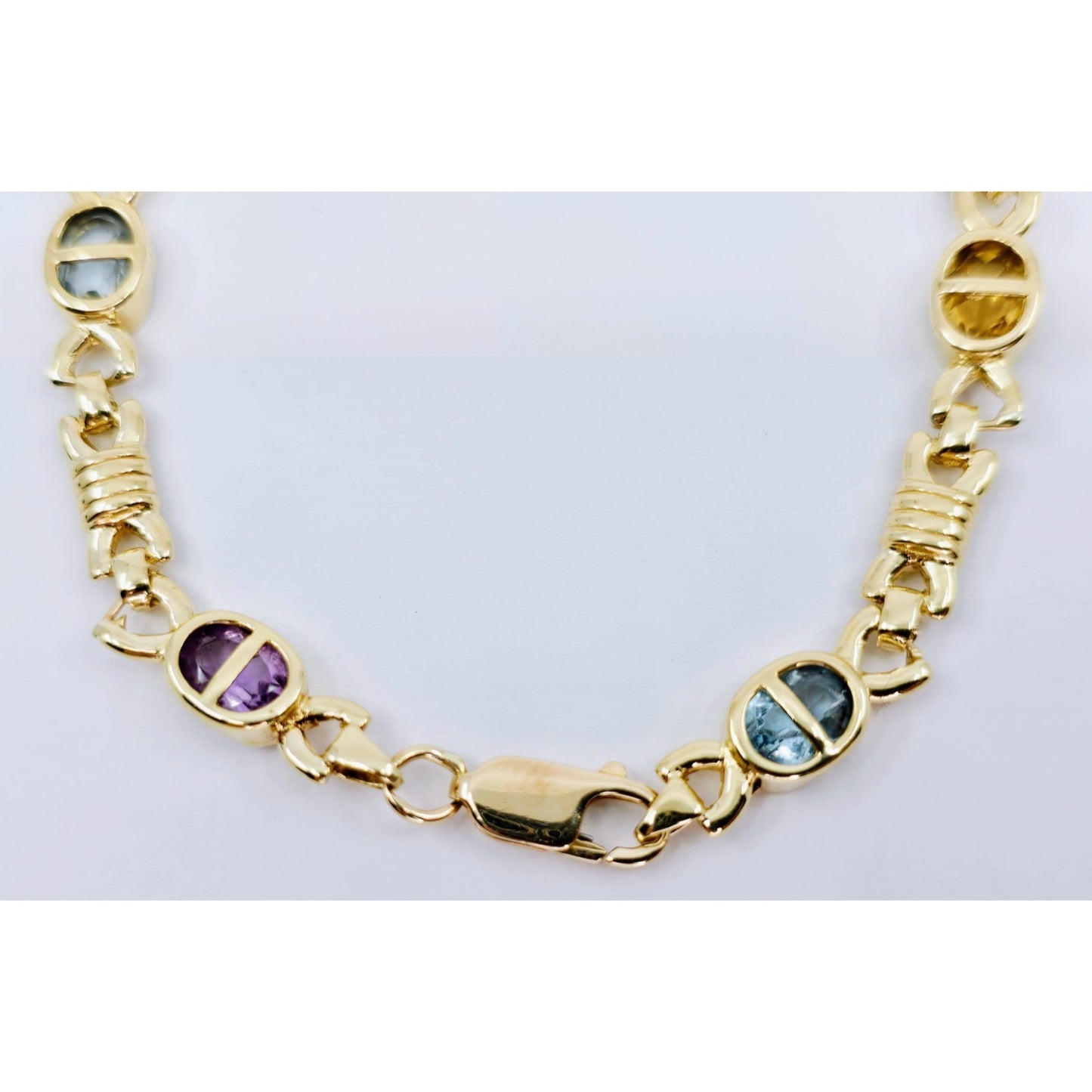 Vintage 14K Yellow Gold Topaz, Garnet, Peridot & Amethyst Tennis Link Bracelet