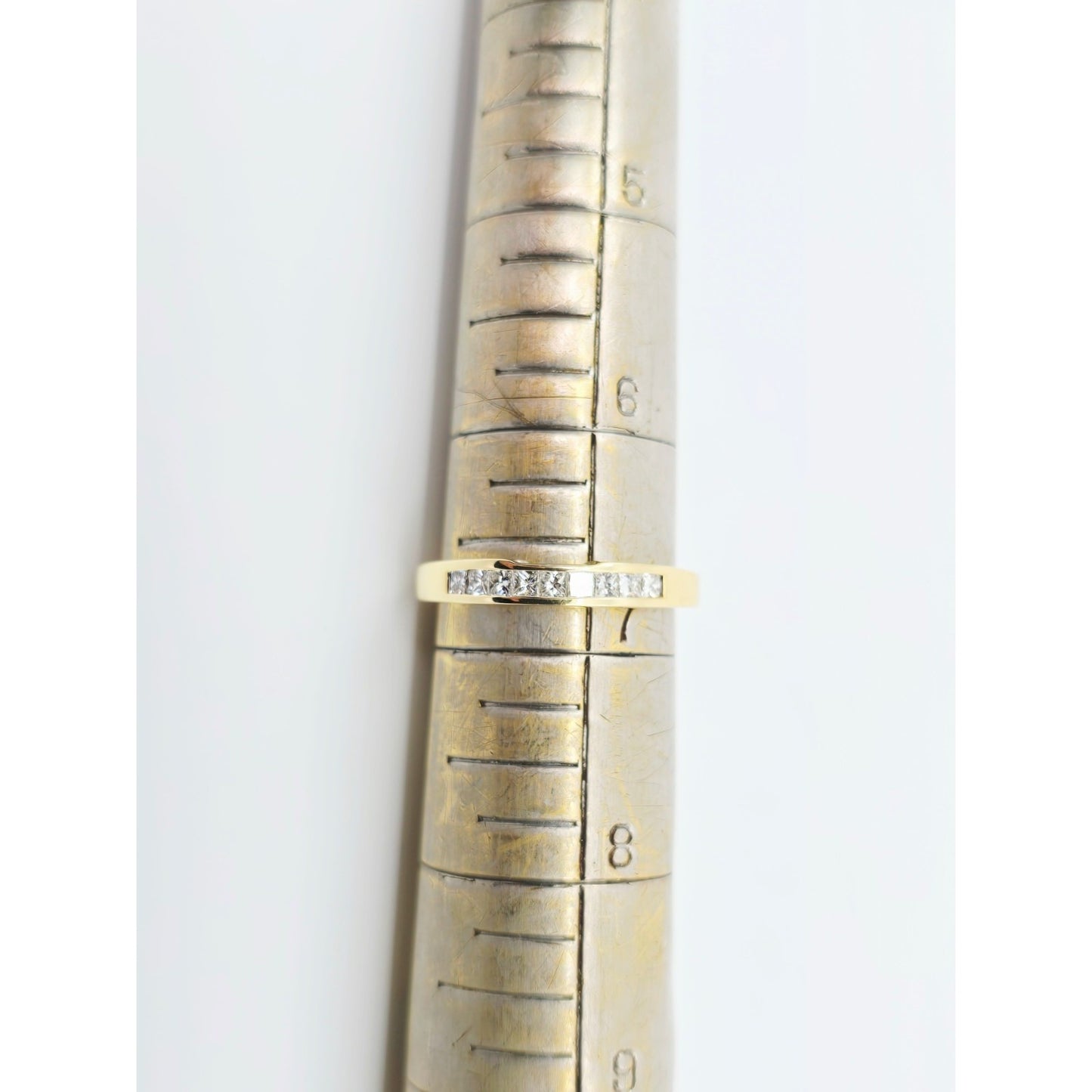 18K Yellow Gold Single Row 9 Princess Cut Diamond Wedding Ring Band