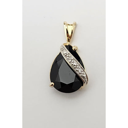 14K Two Tone Gold Teardrop Black Onyx & Diamond Charm Pendant