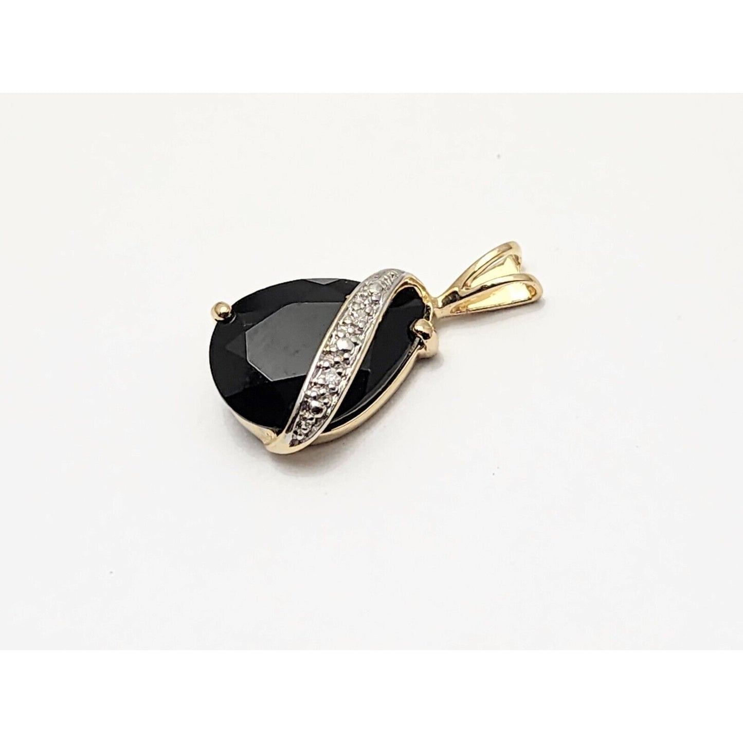 14K Two Tone Gold Teardrop Black Onyx & Diamond Charm Pendant