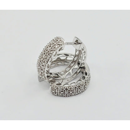 10K White Gold Round Diamond Hinged Hoop Huggie Earrings
