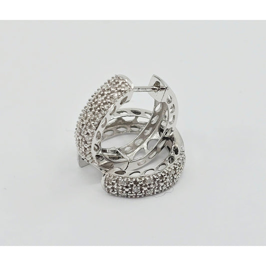 10K White Gold Round Diamond Hinged Hoop Huggie Earrings