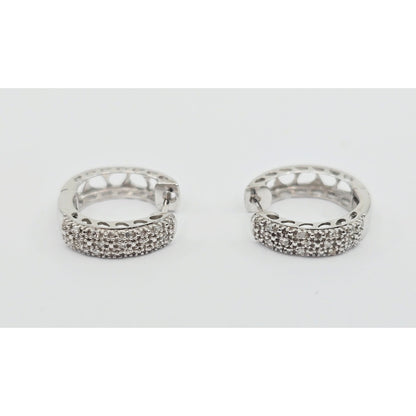 10K White Gold Round Diamond Hinged Hoop Huggie Earrings