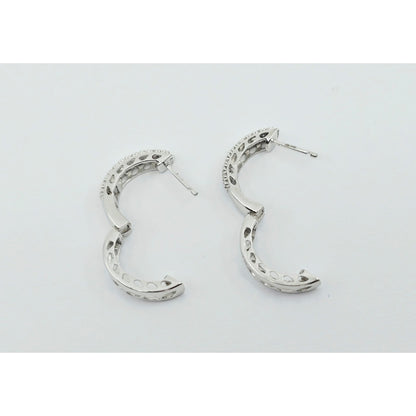 10K White Gold Round Diamond Hinged Hoop Huggie Earrings