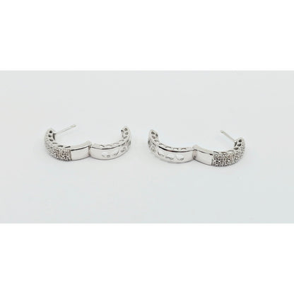 10K White Gold Round Diamond Hinged Hoop Huggie Earrings