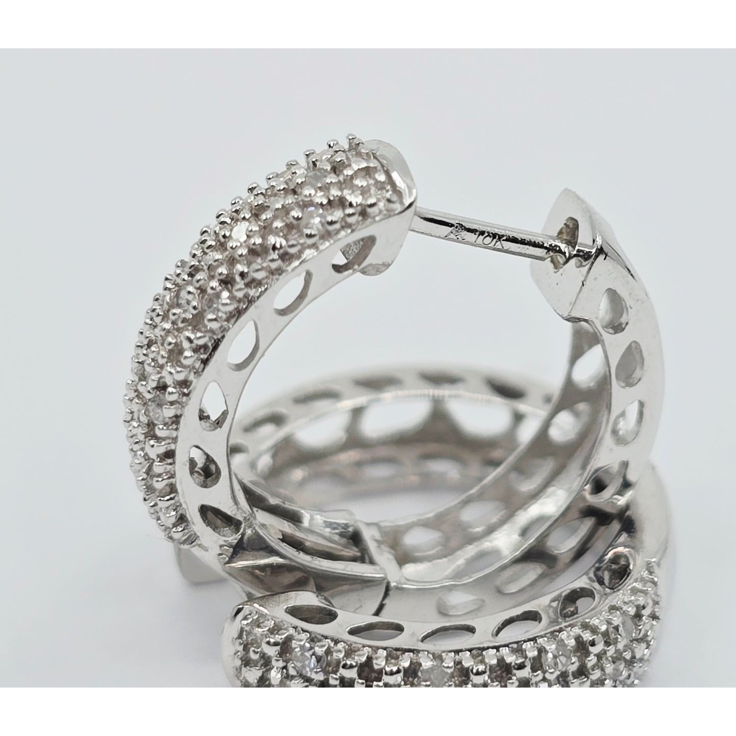 10K White Gold Round Diamond Hinged Hoop Huggie Earrings