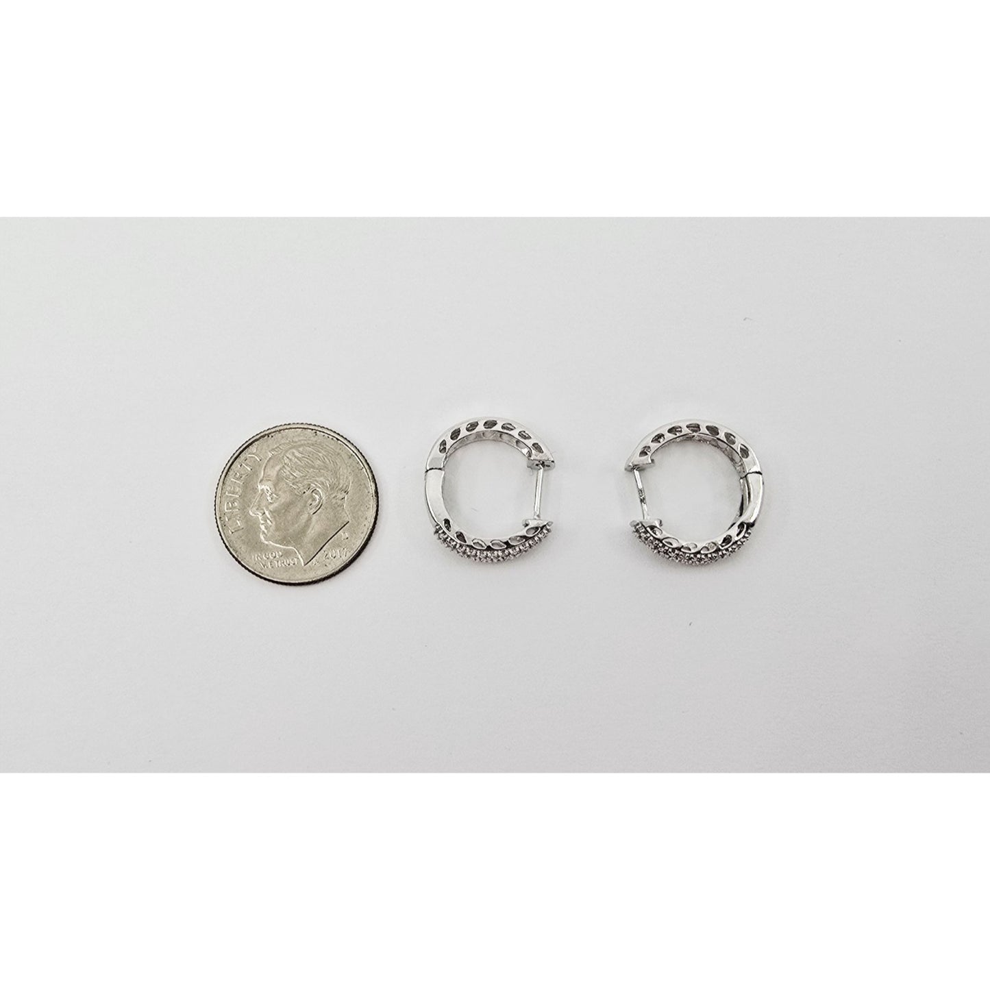 10K White Gold Round Diamond Hinged Hoop Huggie Earrings